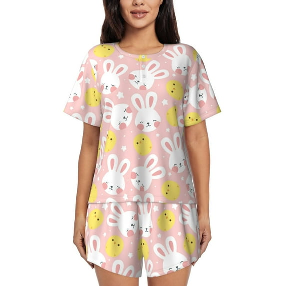 Bixox Women's Rabbit And Chick Printed Pajama Set 2 Piece Lounge Set Top and Shorts Soft Pajamas, Shorts with Pockets