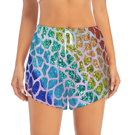 Bixox Women's Rainbow Glitter pattern 2 in 1 Running Shorts - Lightweight Athletic Workout Gym Yoga Shorts Liner with Pockets - Small