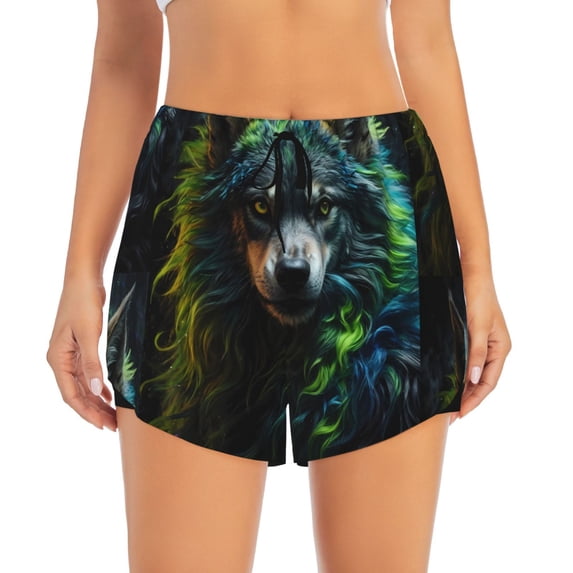 Bixox Women's Realistic Style Colorful Wolf A pattern 2 in 1 Running Shorts - Lightweight Athletic Workout Gym Yoga Shorts Liner with Pockets - XX-Large