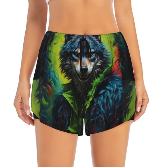 Bixox Women's Realistic Style Wolf Warrior pattern 2 in 1 Running Shorts - Lightweight Athletic Workout Gym Yoga Shorts Liner with Pockets - XX-Large