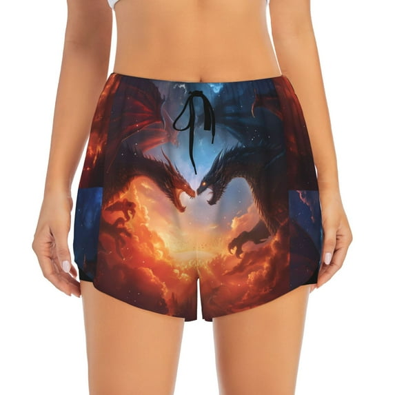 Bixox Women's Red And Blue Fire Cloud Dragon pattern 2 in 1 Running Shorts - Lightweight Athletic Workout Gym Yoga Shorts Liner with Pockets - Small
