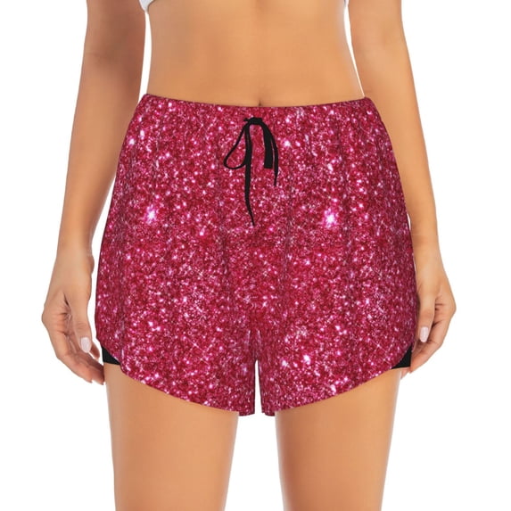 Bixox Women's Red Glitter pattern 2 in 1 Running Shorts - Lightweight Athletic Workout Gym Yoga Shorts Liner with Pockets - Large