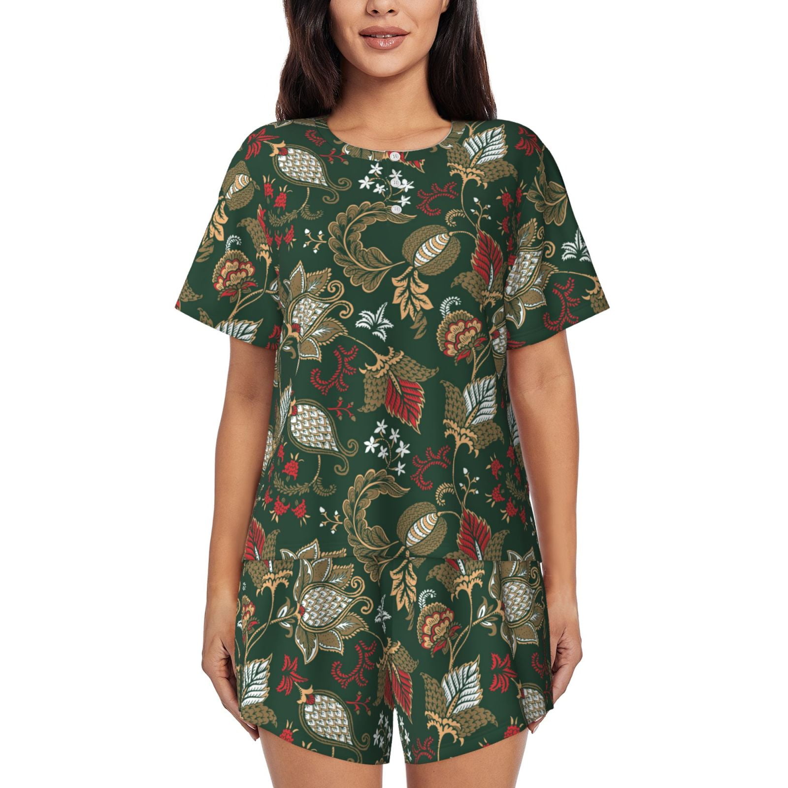 Bixox Women's Red Leaves Printed Pajama Set 2 Piece Lounge Set Top and