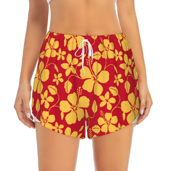 Bixox Women's Red Vintage Flowers pattern 2 in 1 Running Shorts - Lightweight Athletic Workout Gym Yoga Shorts Liner with Pockets - Medium