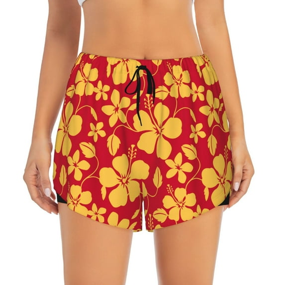 Bixox Women's Red Vintage Flowers pattern 2 in 1 Running Shorts - Lightweight Athletic Workout Gym Yoga Shorts Liner with Pockets - Small