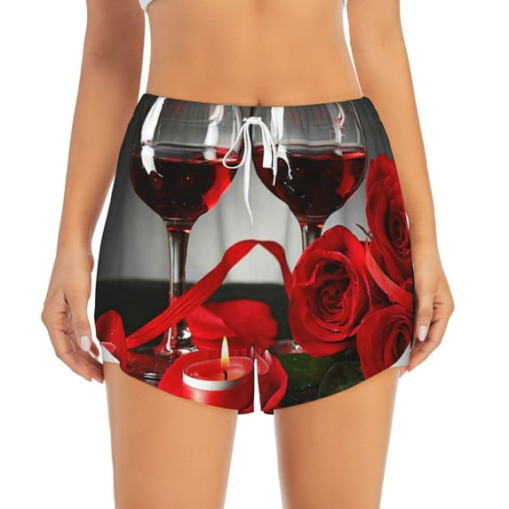Bixox Women's Red Wine Rose pattern 2 in 1 Running Shorts - Lightweight Athletic Workout Gym Yoga Shorts Liner with Pockets - Medium