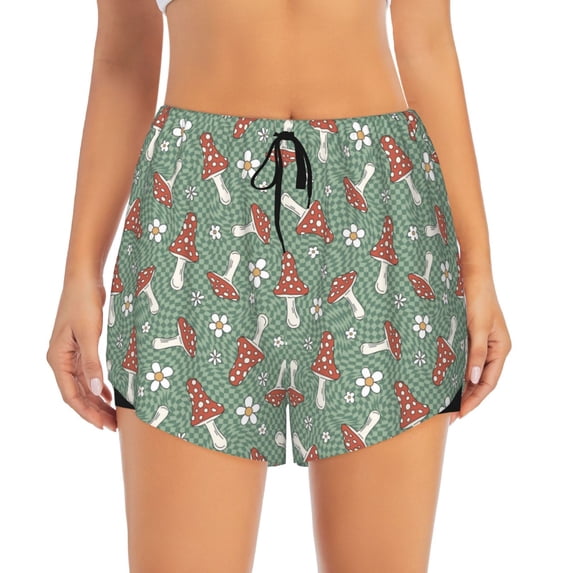 Bixox Women's Retro Hippie Groovy Mushroom pattern 2 in 1 Running Shorts - Lightweight Athletic Workout Gym Yoga Shorts Liner with Pockets - Medium