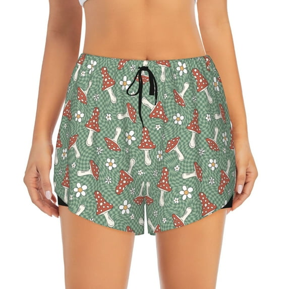 Bixox Women's Retro Hippie Groovy Mushroom pattern 2 in 1 Running Shorts - Lightweight Athletic Workout Gym Yoga Shorts Liner with Pockets - Small