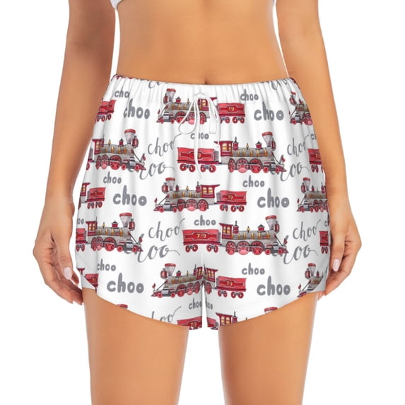 Bixox Women's Retro Train pattern 2 in 1 Running Shorts - Lightweight Athletic Workout Gym Yoga Shorts Liner with Pockets - XX-Large