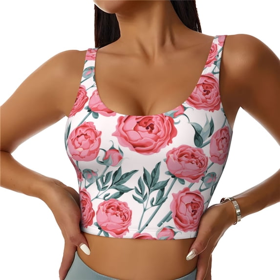 Bixox Women's Rose Flowers Pattern Fitness Navel Tank Top U-Back Yoga Tank Top Sweatshirt Sports Bra