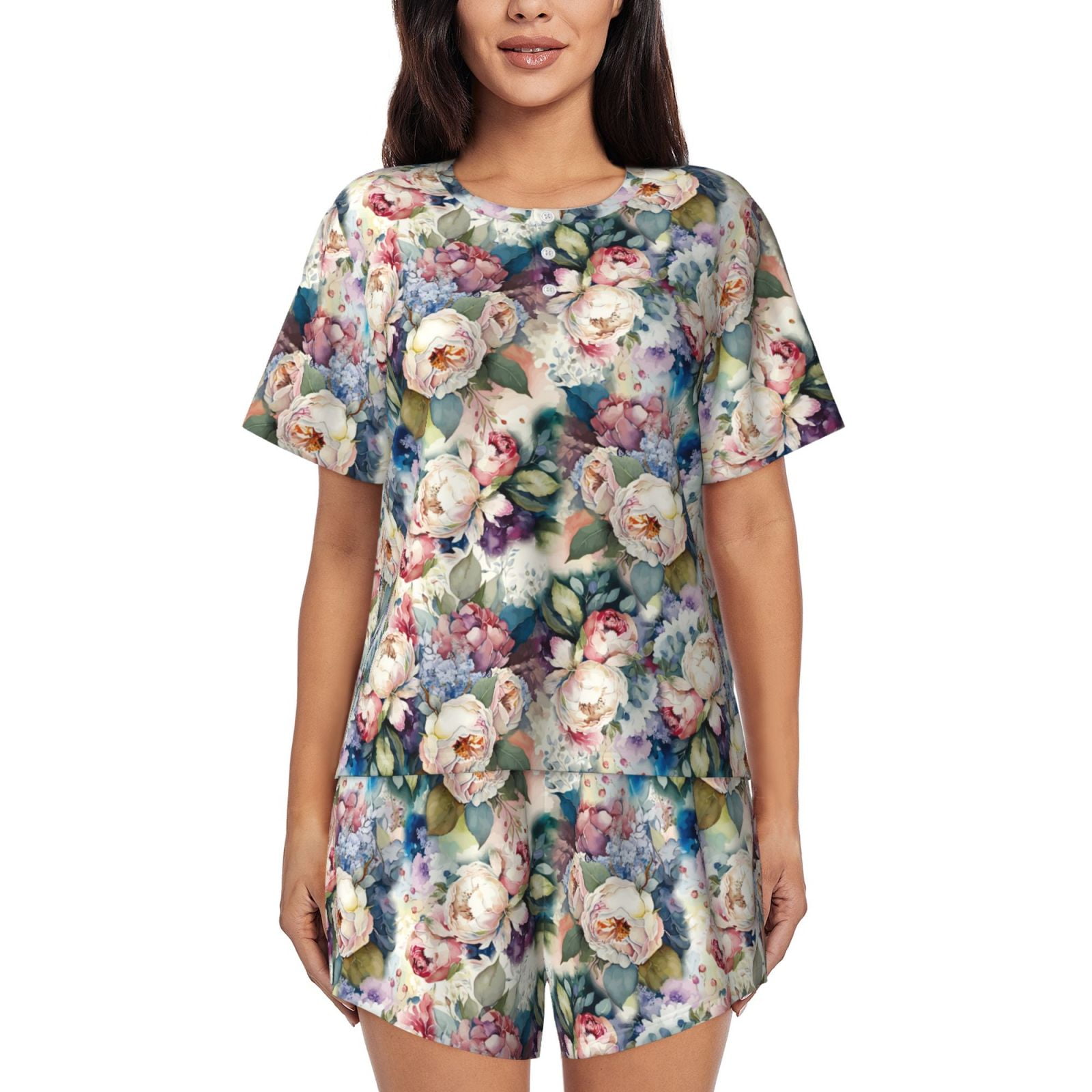 Bixox Women's Rose Flowers Printed Pajama Set 2 Piece Lounge Set Top