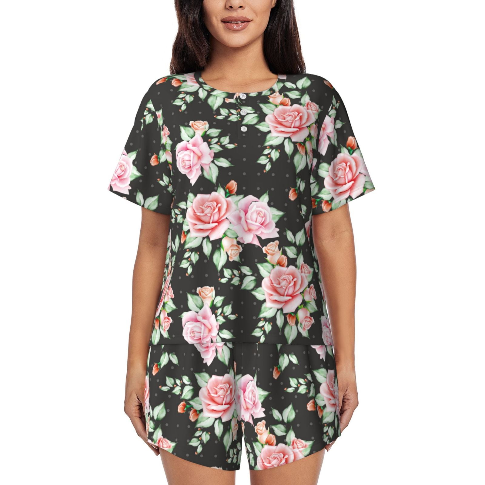 Bixox Women's Rose Flowers Printed Pajama Set 2 Piece Lounge Set Top