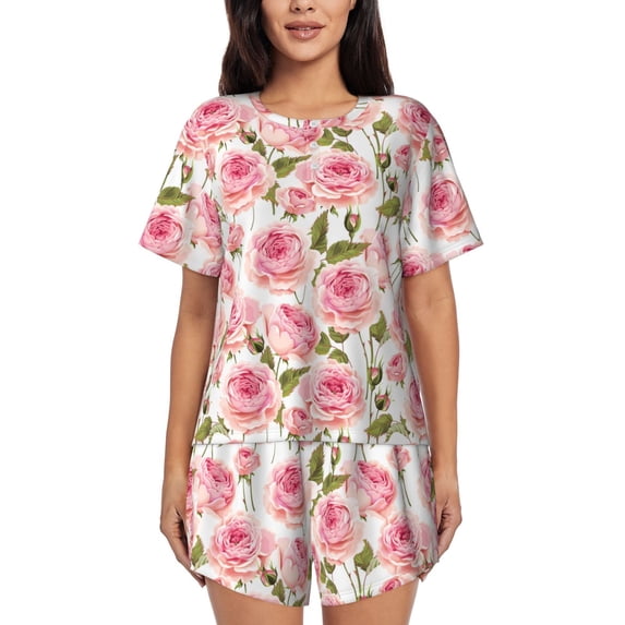 Bixox Women's Rose Flowers Printed Pajama Set 2 Piece Lounge Set Top and Shorts Soft Pajamas, Shorts with Pockets