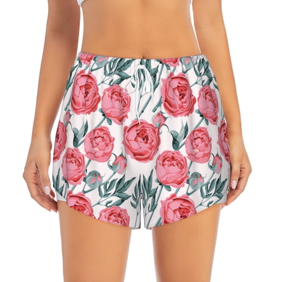 Bixox Women's Rose Flowers pattern 2 in 1 Running Shorts - Lightweight Athletic Workout Gym Yoga Shorts Liner with Pockets - Large