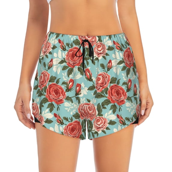 Bixox Women's Rose Flowers pattern 2 in 1 Running Shorts - Lightweight Athletic Workout Gym Yoga Shorts Liner with Pockets - Small
