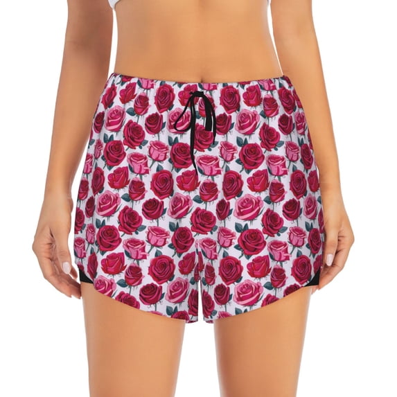 Bixox Women's Rose Flowers pattern 2 in 1 Running Shorts - Lightweight Athletic Workout Gym Yoga Shorts Liner with Pockets - XX-Large