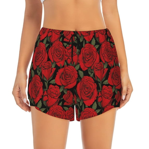 Bixox Women's Rose Flowers pattern 2 in 1 Running Shorts - Lightweight Athletic Workout Gym Yoga Shorts Liner with Pockets - XX-Large