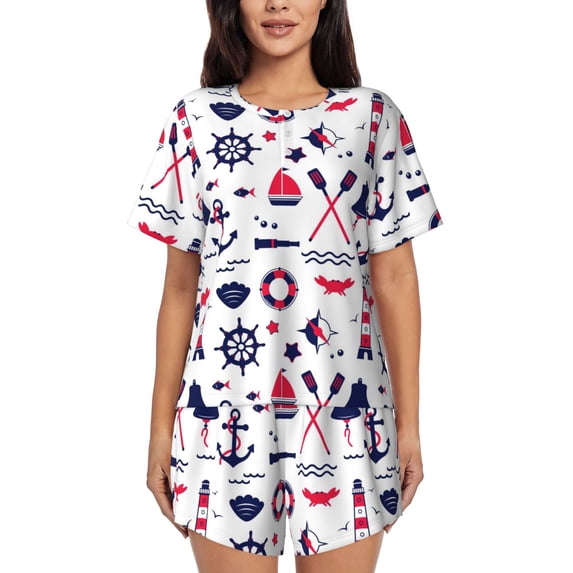 Bixox Women's Sailing Marine Travel Printed Pajama Set 2 Piece Lounge Set Top and Shorts Soft Pajamas, Shorts with Pockets