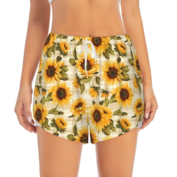 Bixox Women's Scottish Plaid Sunflower pattern 2 in 1 Running Shorts - Lightweight Athletic Workout Gym Yoga Shorts Liner with Pockets - Medium