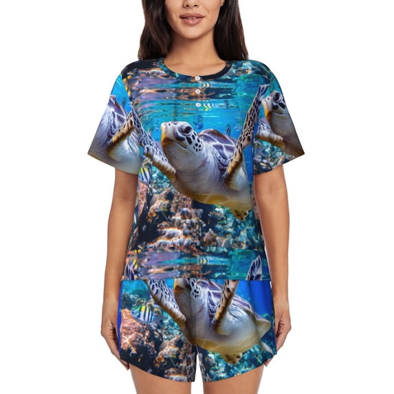 Bixox Women's Sea Turtle Swims Printed Pajama Set 2 Piece Lounge Set Top and Shorts Soft Pajamas, Shorts with Pockets