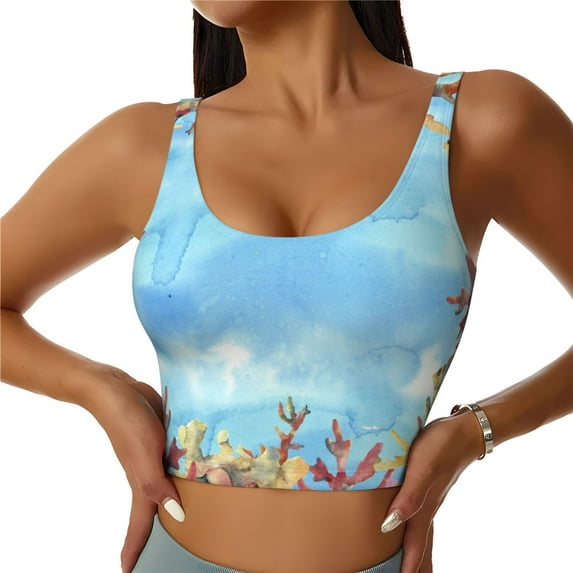 Bixox Women's Sea and Fish Pattern Fitness Navel Tank Top U-Back Yoga Tank Top Sweatshirt Sports Bra