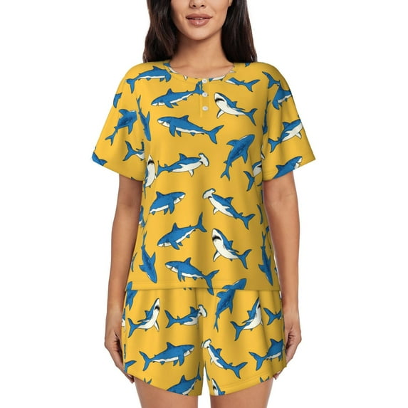 Bixox Women's Shark Print Printed Pajama Set 2 Piece Lounge Set Top and Shorts Soft Pajamas, Shorts with Pockets