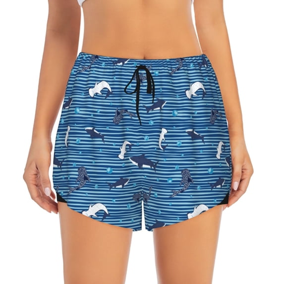 Bixox Women's Sharks on White Blue Striped pattern 2 in 1 Running Shorts - Lightweight Athletic Workout Gym Yoga Shorts Liner with Pockets - XX-Large