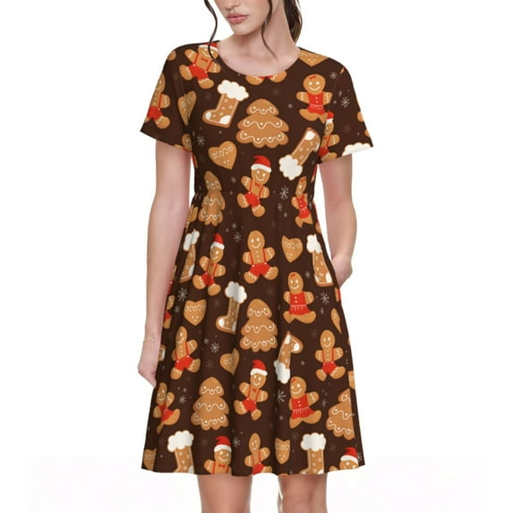 Bixox Women's Short Sleeve Summer Dress Loose Swing Knee Length Dresses with Pockets-Christmas Gingerbread Cookies