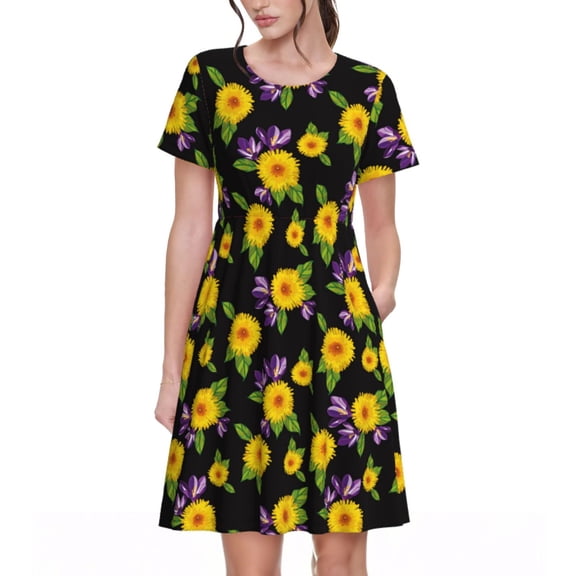 Bixox Women's Short Sleeve Summer Dress Loose Swing Knee Length Dresses with Pockets-Daisies Flowers