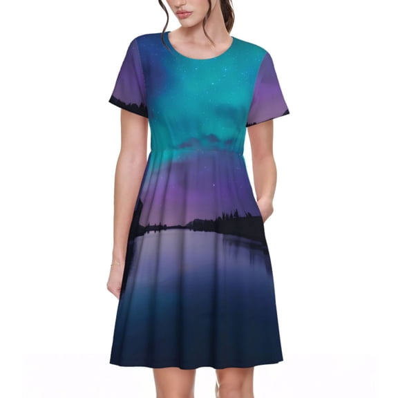 Bixox Women's Short Sleeve Summer Dress Loose Swing Knee Length Dresses with Pockets-Night At Lake Aurora