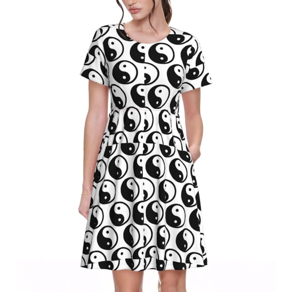Bixox Women's Short Sleeve Summer Dress Loose Swing Knee Length Dresses with Pockets-Yin Yang