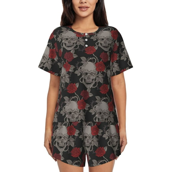 Bixox Women's Skull and Red Roses Printed Pajama Set 2 Piece Lounge Set Top and Shorts Soft Pajamas, Shorts with Pockets