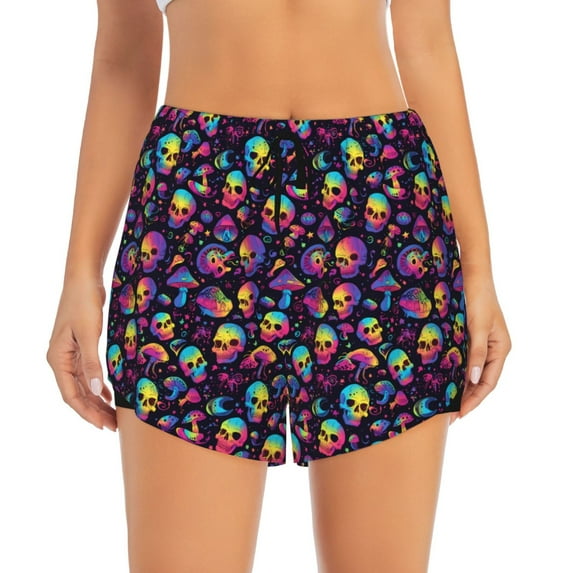 Bixox Women's Skull mushroom rainbow color pattern 2 in 1 Running Shorts - Lightweight Athletic Workout Gym Yoga Shorts Liner with Pockets - Small