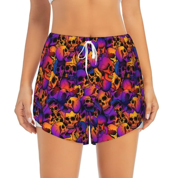 Bixox Women's Skull pattern 2 in 1 Running Shorts - Lightweight Athletic Workout Gym Yoga Shorts Liner with Pockets - Small