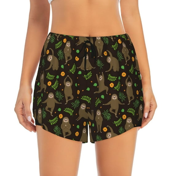 Bixox Women's Sloth Doing Yoga pattern 2 in 1 Running Shorts - Lightweight Athletic Workout Gym Yoga Shorts Liner with Pockets - Small