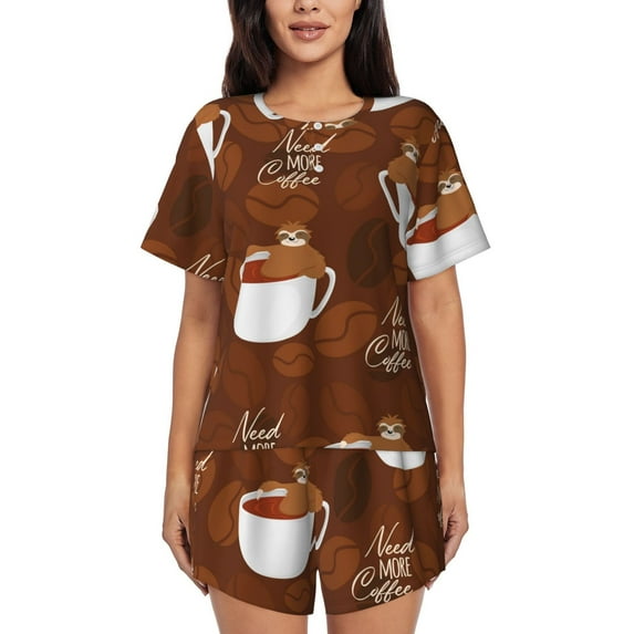 Bixox Women's Sloths Need More Coffee Printed Pajama Set 2 Piece Lounge Set Top and Shorts Soft Pajamas, Shorts with Pockets