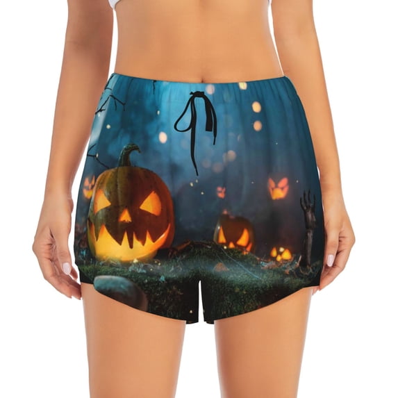 Bixox Women's Spooky Halloween pattern 2 in 1 Running Shorts - Lightweight Athletic Workout Gym Yoga Shorts Liner with Pockets - XX-Large