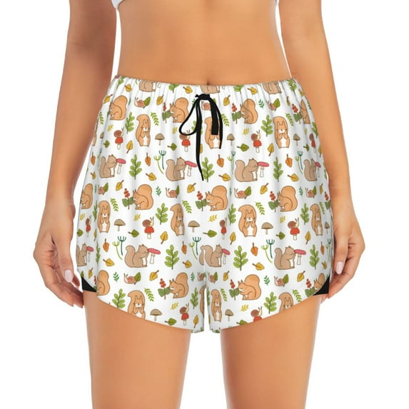 Bixox Women's Squirrel And Mushroom pattern 2 in 1 Running Shorts - Lightweight Athletic Workout Gym Yoga Shorts Liner with Pockets - Large