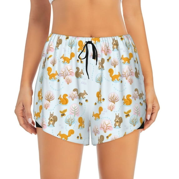 Bixox Women's Squirrel In The Forest pattern 2 in 1 Running Shorts - Lightweight Athletic Workout Gym Yoga Shorts Liner with Pockets - XX-Large