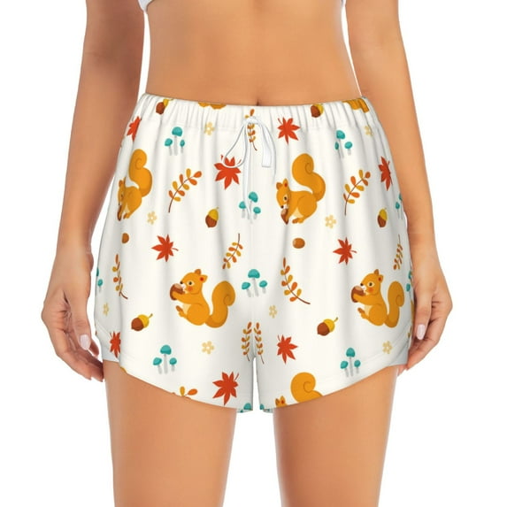 Bixox Women's Squirrel Maple Leaves And Nuts pattern 2 in 1 Running Shorts - Lightweight Athletic Workout Gym Yoga Shorts Liner with Pockets - Large