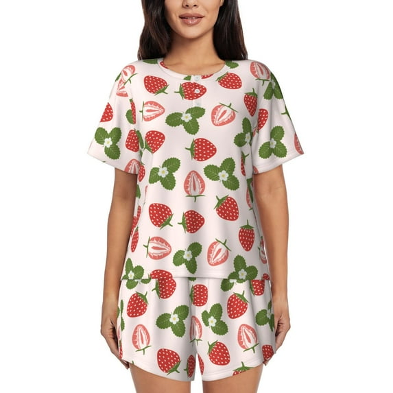 Bixox Women's Strawberries And Leaf Printed Pajama Set 2 Piece Lounge Set Top and Shorts Soft Pajamas, Shorts with Pockets