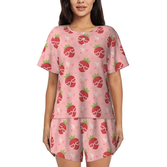 Bixox Women's Strawberries Printed Pajama Set 2 Piece Lounge Set Top and Shorts Soft Pajamas, Shorts with Pockets