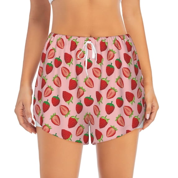 Bixox Women's Strawberries pattern 2 in 1 Running Shorts - Lightweight Athletic Workout Gym Yoga Shorts Liner with Pockets - X-Large