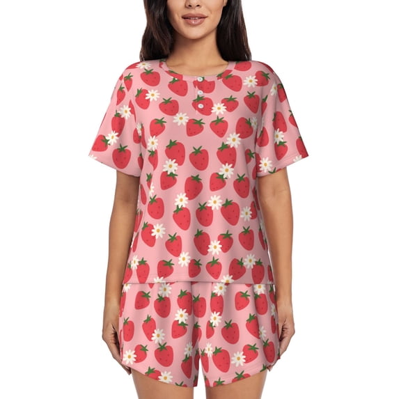 Bixox Women's Strawberry And Flowers Printed Pajama Set 2 Piece Lounge Set Top and Shorts Soft Pajamas, Shorts with Pockets