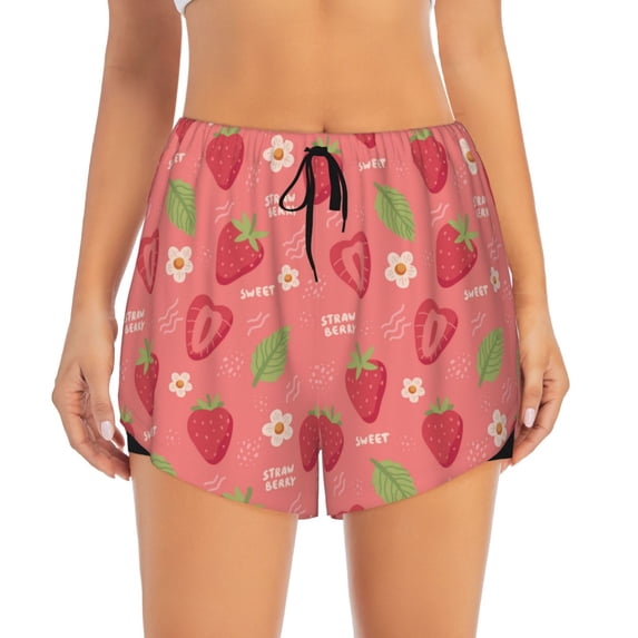 Bixox Women's Strawberry Floral pattern 2 in 1 Running Shorts - Lightweight Athletic Workout Gym Yoga Shorts Liner with Pockets - Medium