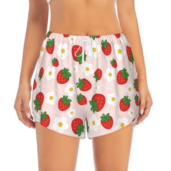 Bixox Women's Strawberry Floral pattern 2 in 1 Running Shorts - Lightweight Athletic Workout Gym Yoga Shorts Liner with Pockets - X-Large
