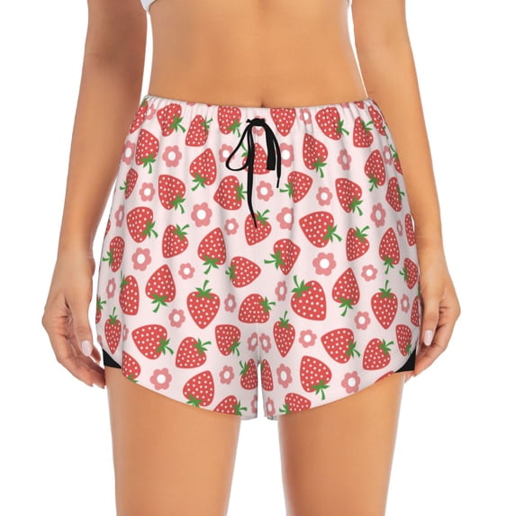 Bixox Women's Strawberry Flower pattern 2 in 1 Running Shorts - Lightweight Athletic Workout Gym Yoga Shorts Liner with Pockets - XX-Large