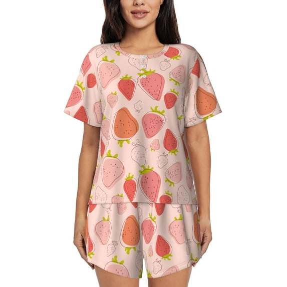 Bixox Women's Strawberry Printed Pajama Set 2 Piece Lounge Set Top and Shorts Soft Pajamas, Shorts with Pockets