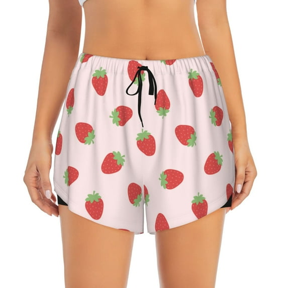 Bixox Women's Strawberry pattern 2 in 1 Running Shorts - Lightweight Athletic Workout Gym Yoga Shorts Liner with Pockets - Medium
