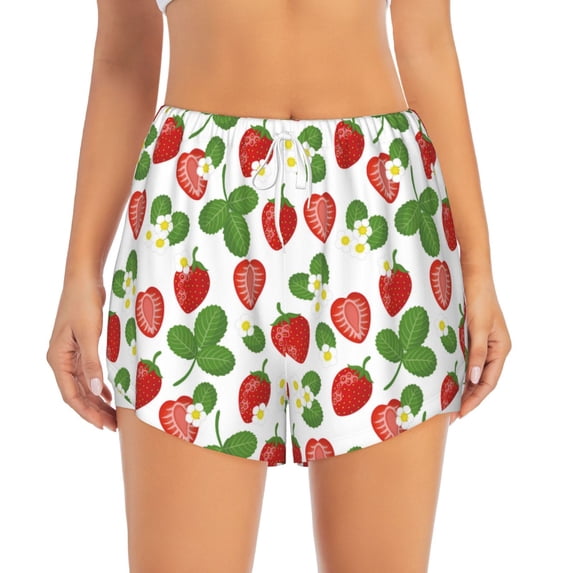 Bixox Women's Strawberry pattern 2 in 1 Running Shorts - Lightweight Athletic Workout Gym Yoga Shorts Liner with Pockets - Small